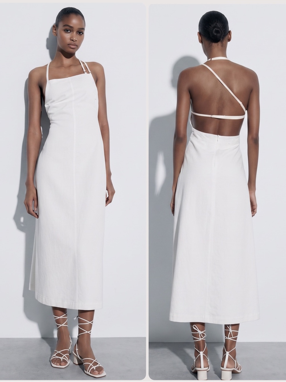 Zara Voluminous Linen/Cityon White Backless Asymmetric-Strap Midi Dress NWT